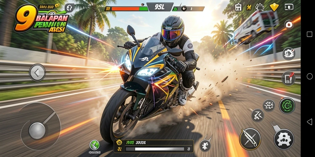 Screenshot gameplay 9SL menampilkan aksi balapan motor yang mendebarkan.
