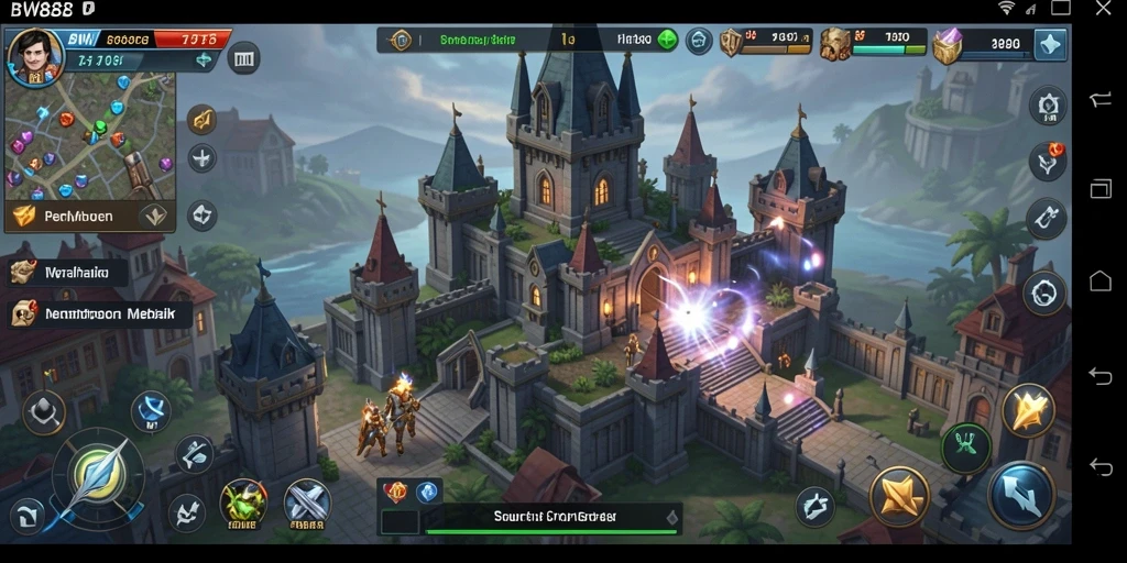 Tangkapan layar gameplay BW888 dengan menara menarik dan musuh yang menegangkan.