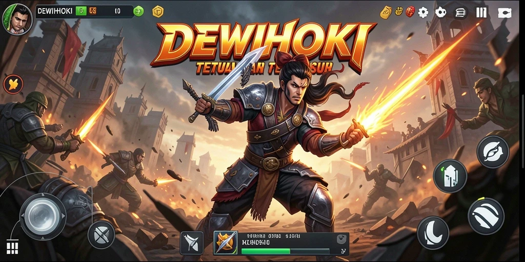 Tampilan gameplay seru dalam pertempuran DEWIHOKI dengan karakter yang bertarung.