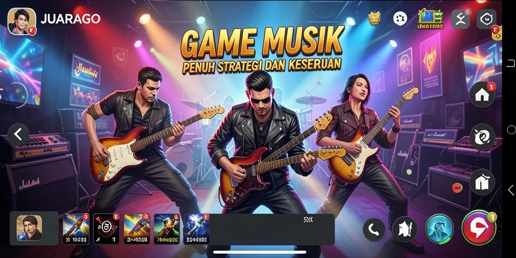 Tampilan gameplay seru JUARAGO dengan berbagai tantangan musik.