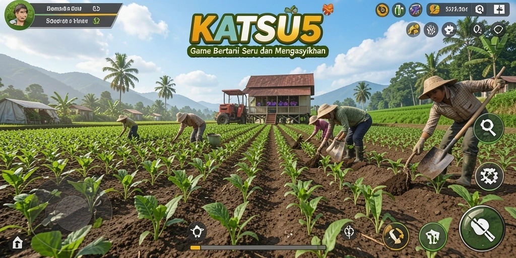 Screenshot gameplay KATSU5 menampilkan ladang yang hijau dan subur.