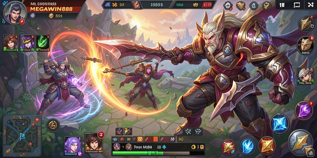 Tampilan gameplay seru di MEGAWIN888 dengan aksi pertarungan MOBA.
