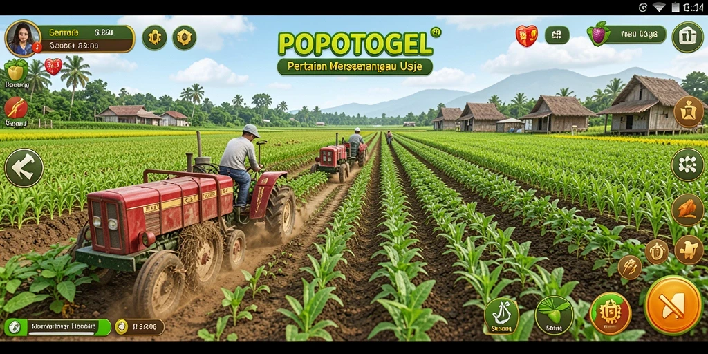 Screenshot permainan <strong>POPOTOGEL</strong> menunjukkan aktivitas bertani yang seru dan interaksi sosial antar pemain.