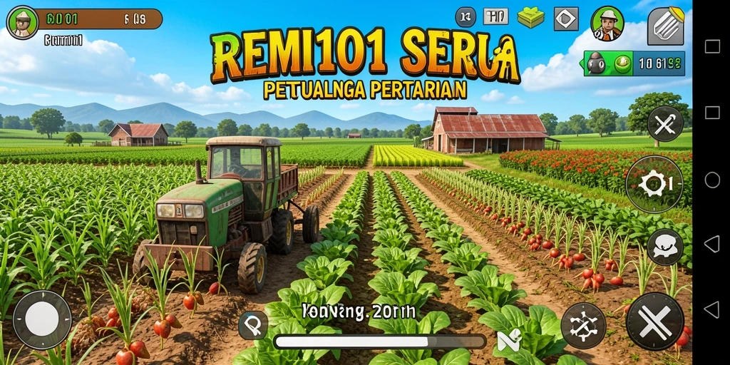 Tangkapan layar gameplay REMI101 menunjukkan suasana ladang yang cerah dan aktif.